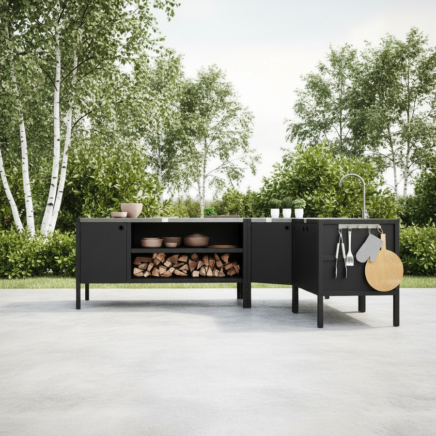 UMAMI Außenküchenpaket, Spülenmodul, Eckmodul, Modul 3, schwarz / rostfrei