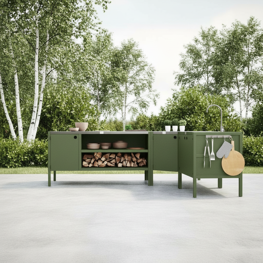 UMAMI Uteküchenpaket, Spülmodul, Eckmodul, Modul 3, grün / Edelstahl