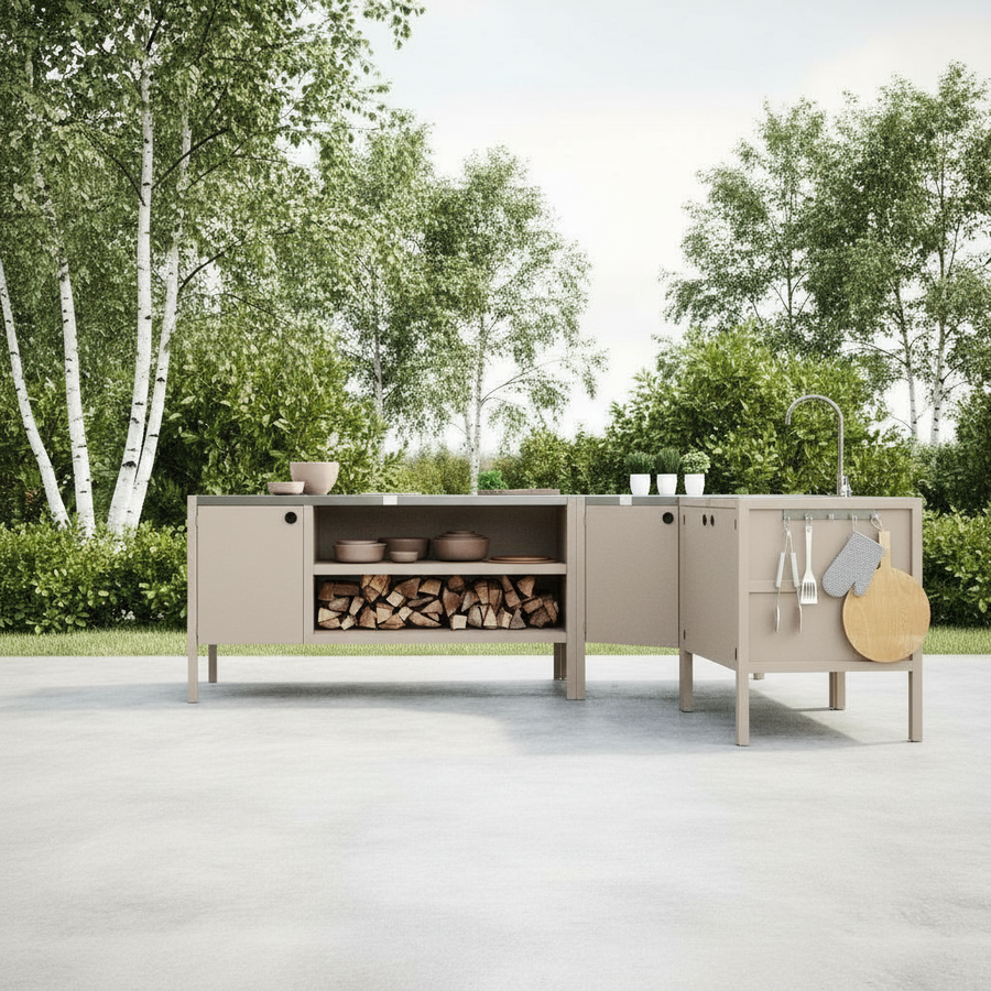 UMAMI Außenküchenpaket, Spülenmodul, Eckmodul, Modul 3, beige / rostfrei