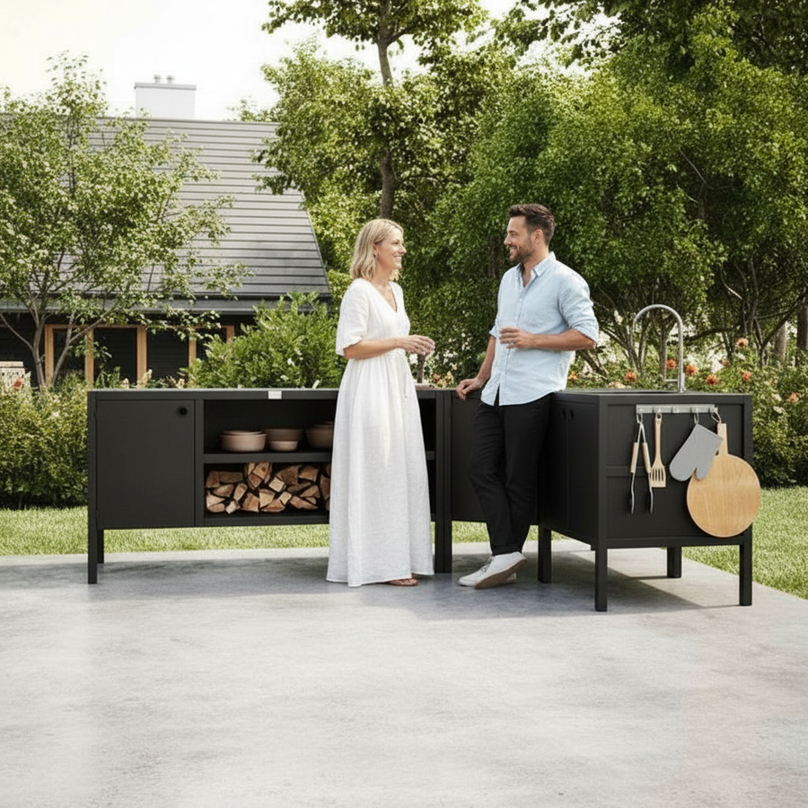 UMAMI Außenküchenpaket, Spülenmodul, Eckmodul, Modul 3, schwarz