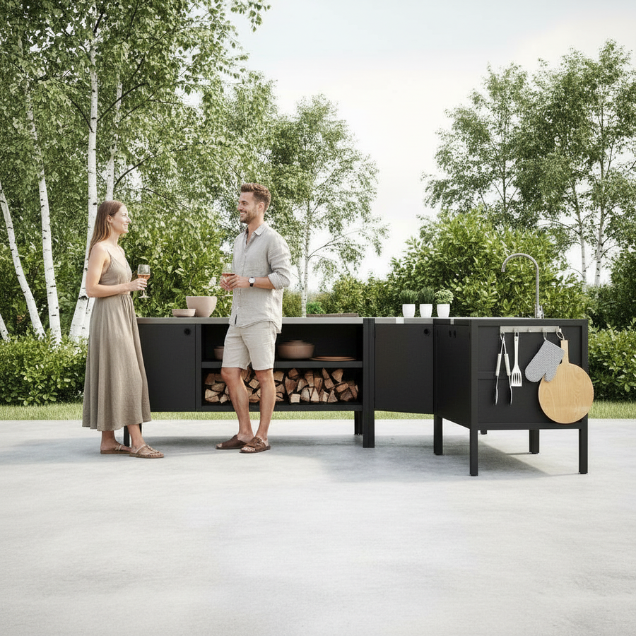 UMAMI Außenküchenpaket, Spülenmodul, Eckmodul, Modul 3, schwarz / rostfrei