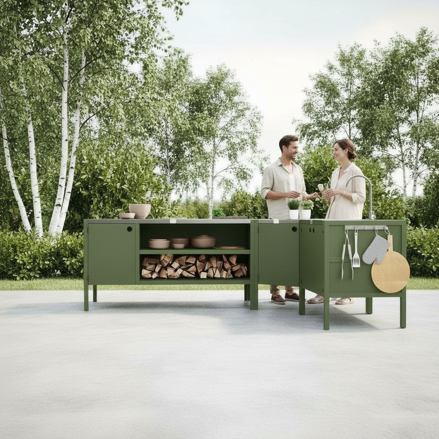 UMAMI Uteküchenpaket, Spülmodul, Eckmodul, Modul 3, grün / Edelstahl