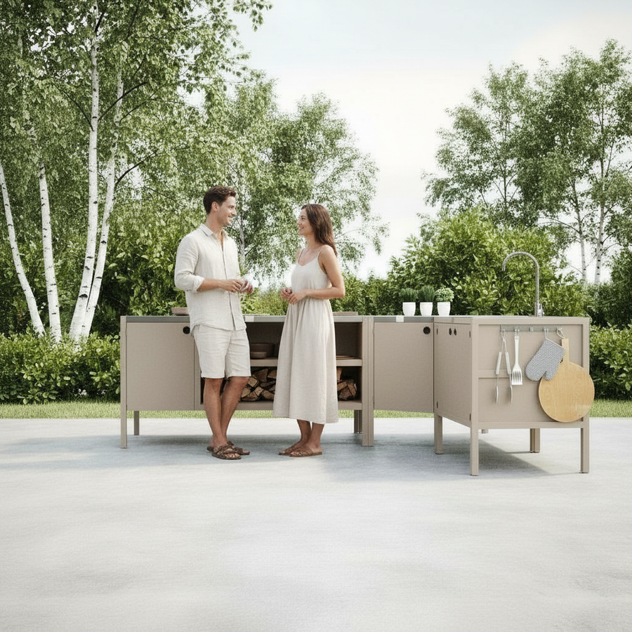 UMAMI Außenküchenpaket, Spülenmodul, Eckmodul, Modul 3, beige / rostfrei