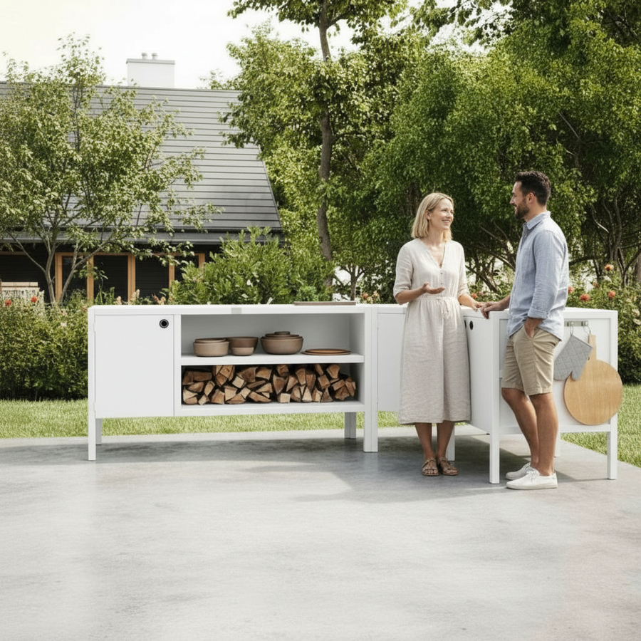 UMAMI Außenküchenpaket, Spülenmodul, Eckmodul, Modul 3, weiß