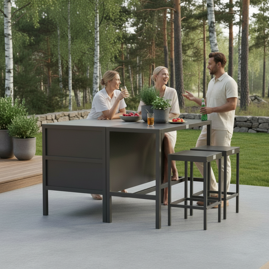 Umami Modul 2 mit Bartisch und 2 Barhockern, schwarz/edelstahl