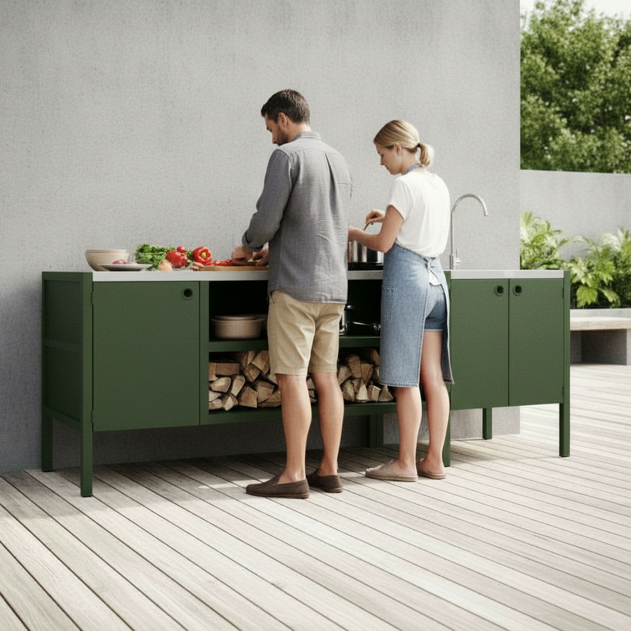 UMAMI Uteküchenpaket, Spülmodul sowie Modul 3, grün / Edelstahl