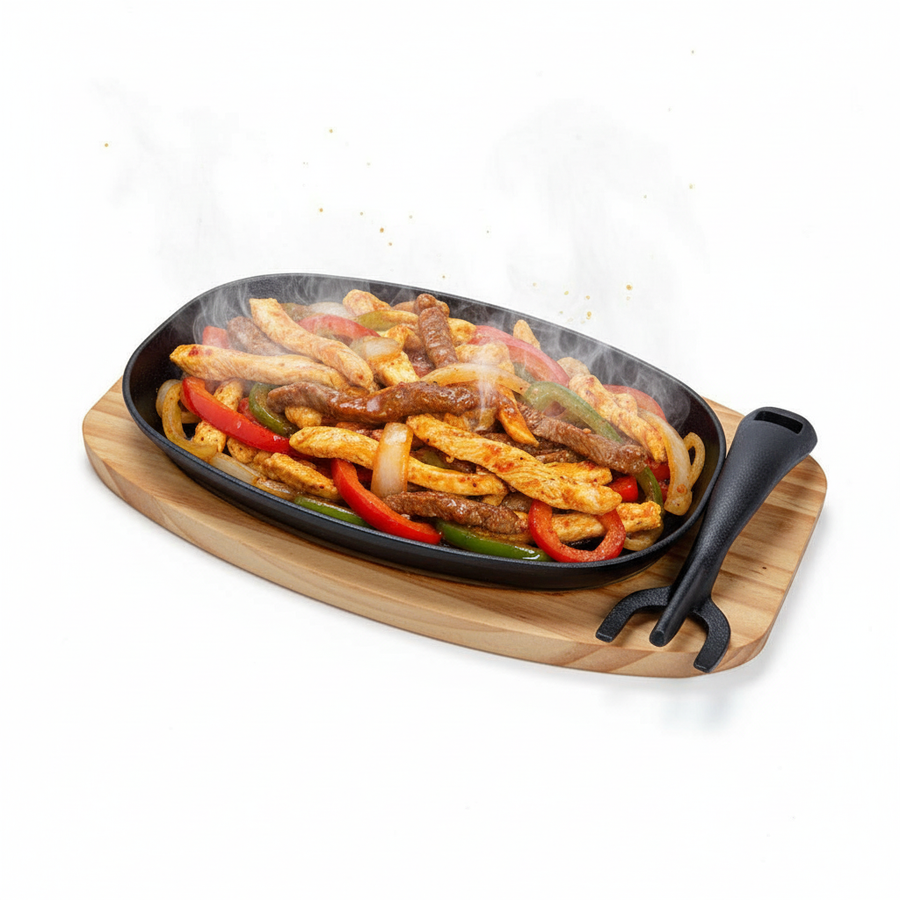 Sizzling plate i gjutjärn med träunderlägg